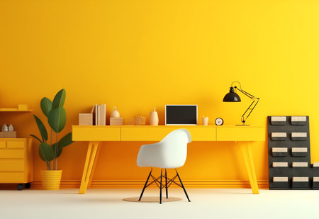 Interior of modern bright office with yellow walls, concrete floor, yellow computer table and yellow chair. 3d renderingの素材
