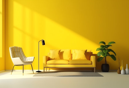 Yellow living room interior with yellow sofa and lamp. 3d renderの素材