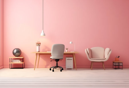 Interior of modern living room with pink walls, wooden floor, white armchairs and table. 3d renderの素材
