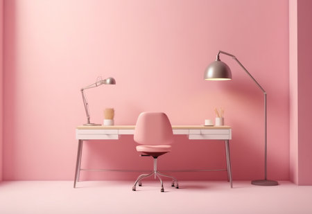 Workplace with pink wall, table and chair. 3d renderingの素材