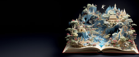 Magic book with fantasy landscape on black background. 3D illustration.の素材