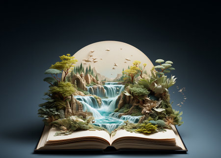 Open book with waterfalls in the forest. Conceptual image.の素材