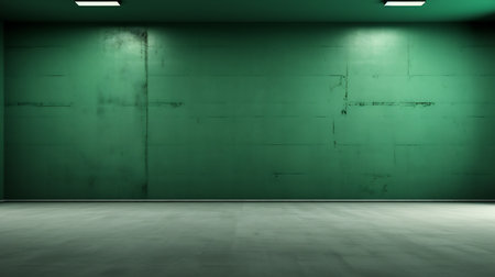 Interior of an empty room with green walls and concrete floor.の素材