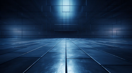 Abstract dark blue futuristic interior background with empty floor. 3D Renderingの素材
