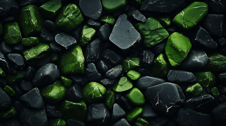 Black and green pebbles background. Top view. Toned.の素材