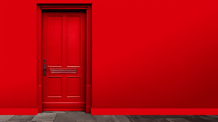 Red door with a red wall and wooden floor. 3d renderingの素材