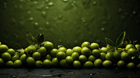 Fresh green olives with water drops on dark background. Selective focus.の素材