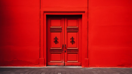 Red wooden door and red wall in chinese temple, Bangkok, Thailandの素材