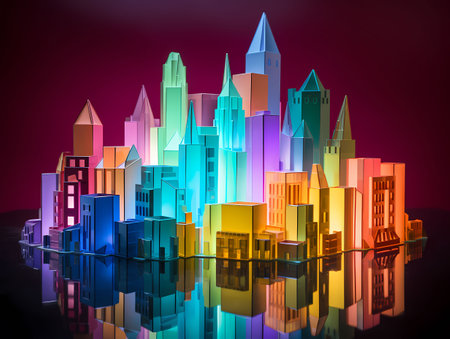 Abstract colorful city on a dark background. 3d render illustration.の素材