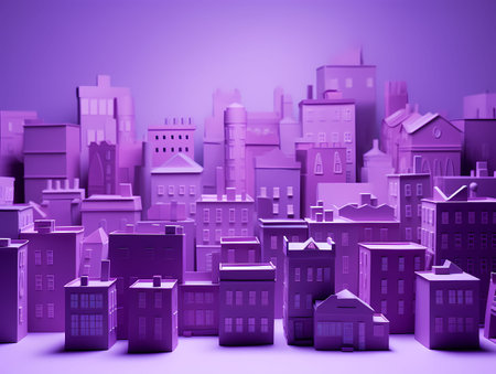 Cityscape on purple background. 3D illustration. Retro style.の素材