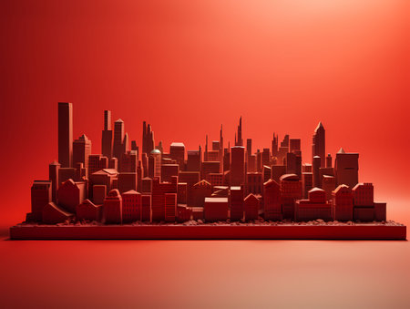 3d illustration of a modern city on a red background with copy spaceの素材