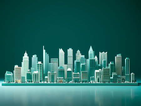 City skyline on a dark green background. 3d rendering mock upの素材