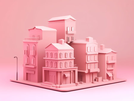 3d illustration of a pink city in the form of a houseの素材