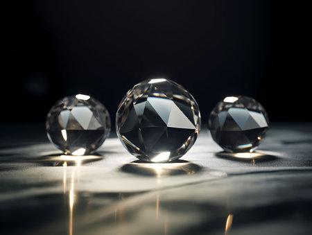 3d render of three crystal balls on a black background with reflectionの素材
