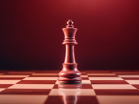 3D rendering of a chess king on a chessboard with red backgroundの素材