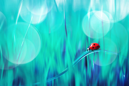 spring summer natural background. Red ladybug on blue grass. Artistic creative bright multi-colored...