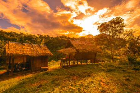 This picture shows two straw huts. It has been taken in Luang Namtha, Laos.の写真素材