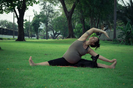 This picture shows a woman who is doing yoga in the park.の写真素材