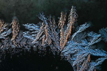 Macro shot of intricate ice crystal designs on frosty window.の写真素材