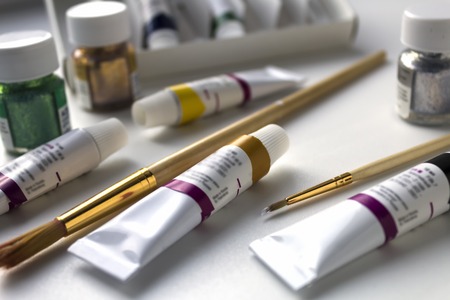 Acrylic paint and brush for drawingの写真素材