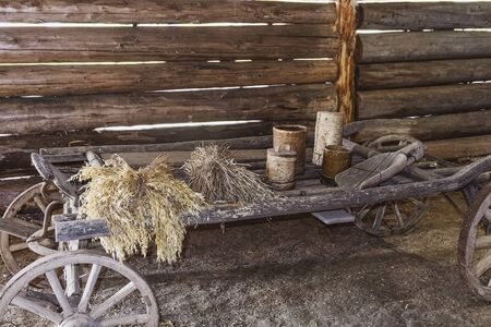 Old wooden cart with dry ears and wooden utensils in of an old barnの写真素材