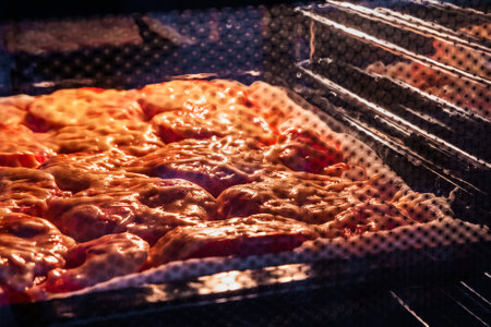 Food in a closed oven. Food with tomatoes and cheese baked in the oven.