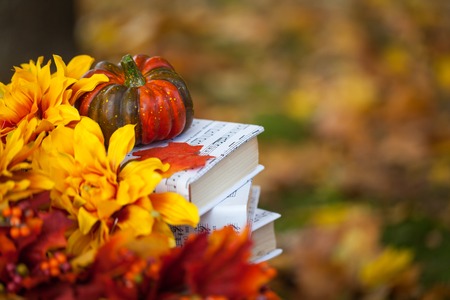 Autumn garden decor with flowers, pumpkin and booksの写真素材