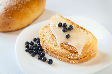 Healthy breakfast. Homemade bread with sesame spread with cream honeyの写真素材