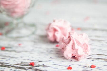 Handmade sweet pink zephyr marshmallow. Heart small candies. Valentine's dayの写真素材