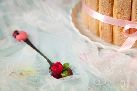 Tiramisu cake charlotte decorated with raspberry with pink ribbon and funny spoon on a pink & blue floral background. Selective focus on raspberryの写真素材