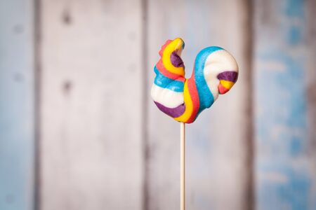 Multiolor cockerel candy lolipop on wood background
