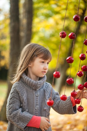 Young girl in autumn park with apple garland, vibrant autumn backgroundの写真素材