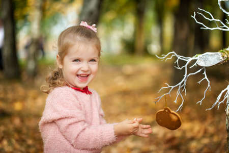 Smiling girl in the autumn parkの写真素材
