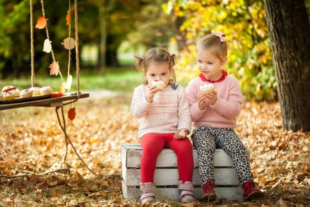 Smiling girls in the autumn parkの写真素材