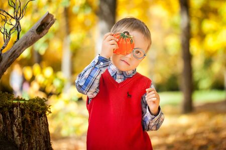 A boy in the autumn parkの写真素材