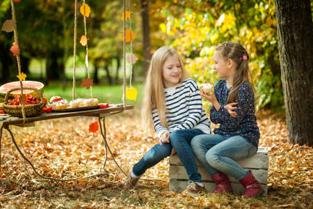 Smiling girls in the autumn parkの写真素材