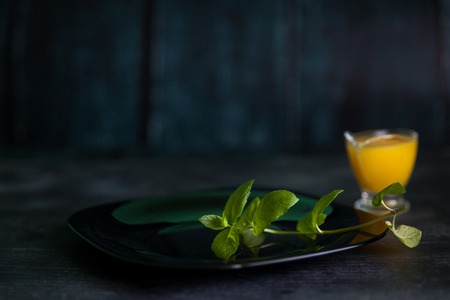 Black plate with mint. Orange sauce on darke backgroundの写真素材