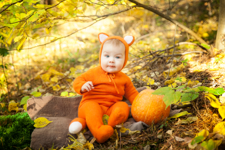 Cute baby girl dressed in fox costume in autumn forest. Fall halloween kids sessionの写真素材