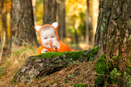 Cute baby girl dressed in fox costume with felted fox toy in autumn forest. Fall halloween kids sessionの写真素材
