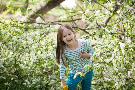 Beautiful happy young girl in blooming bird cherry tree garden enjoys warm spring dayの写真素材