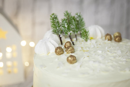 Winter cake with white cream decorated with gold hazelnuts, sprinkles and green New Year trees, coconut crunches and merengues on light brick backgroundの写真素材