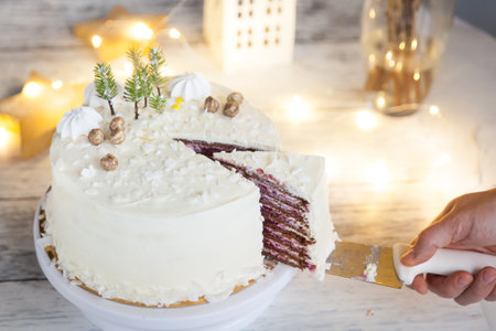 Winter cake with white cream decorated with gold hazelnuts, sprinkles and green New Year trees, coconut crunches and merengues on light background. Cutting chocolate layer cake with raspberry creamの写真素材