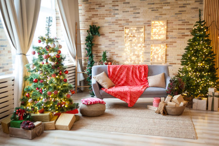 Cozy Christmas living room with Christmas tree decorated with garland lights and gifts. Warm New Year's interior.の写真素材