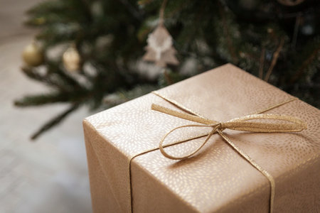 Christmas gift box wrapped in kraft paper with gold ribbon under fir tree branches