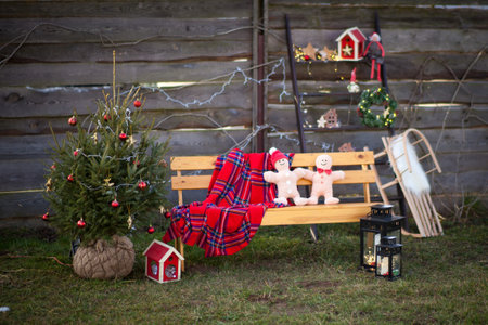 Christmas holiday garden. Festive winter season, backyard decorated for holidays. Gingerbread Man toysの写真素材