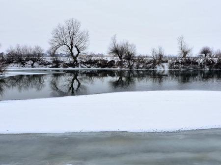 Winter landscape with frozen river and bare trees on the shore. Cloudy day.の写真素材