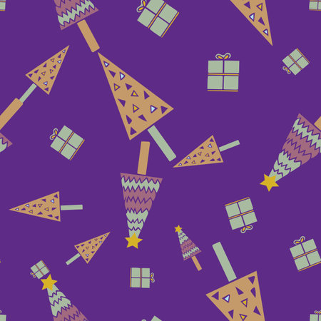 Vector Christmas tree and gift box shapes seamless pattern. Suitable for gift wrap, packaging,...