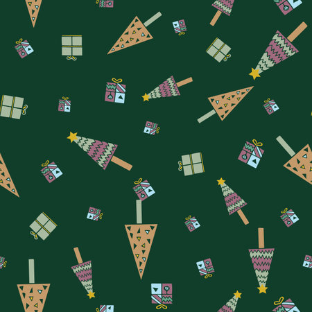 Vector Christmas tree and gift box shapes seamless pattern. Suitable for gift wrap, packaging, decoration, festive season and other design projects.のイラスト素材