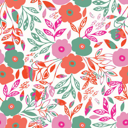 Seamless florals and leaves pattern background. Perfect for fabric, gift wrap, scrapbooking, wallpaper, invitation design and other projects.の写真素材