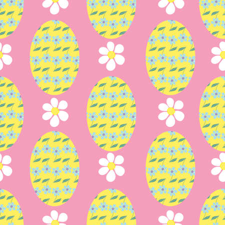 Seamless Vector Easter Eggs, Daises and Leaves Patternのイラスト素材